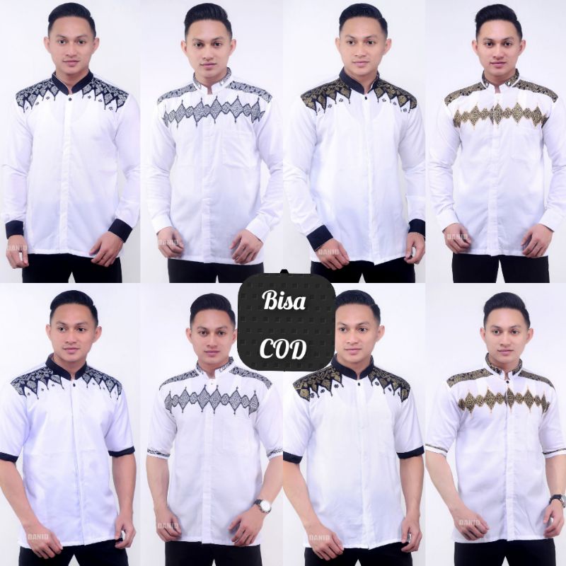BAJU KOKO PUTIH CORAK EMAS PERAK SELENDANG PRIA BORDIL LENGAN PANDANG DAN PENDEK KURTA TOYOBO UNGGUL