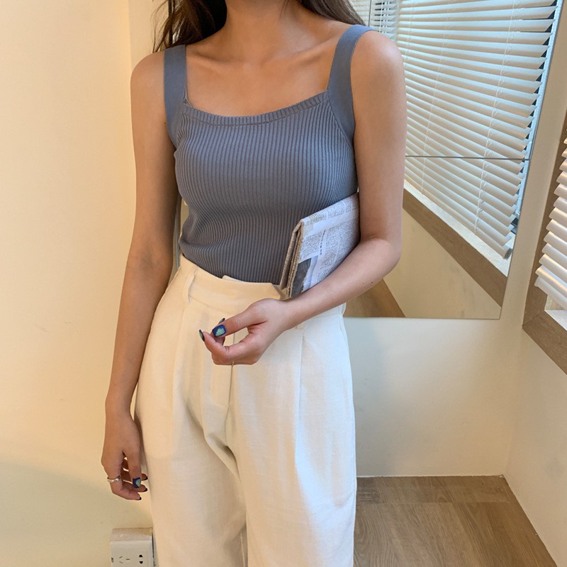 Feminin Tank Top Wanita Pakaian Atasan Tanktop Cewek Korea Rajut Square Neck Inner Wear-3
