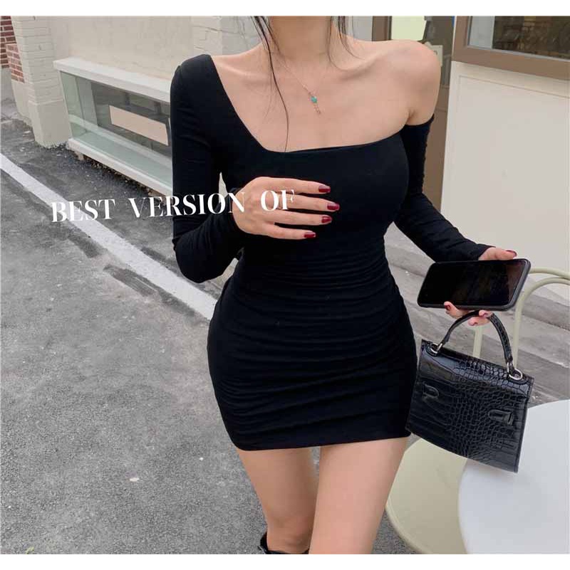 midi dress korea hitam seksi lengan panjang hip dress rok ketat rok wanita