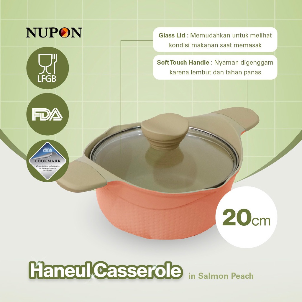 NUPON Haneul Casserole 20cm Induction Bottom Glass Lid - Kompor Induksi- ANTI PFOA dengan Pouring Spout- Ceramic Cassrole 20 CM