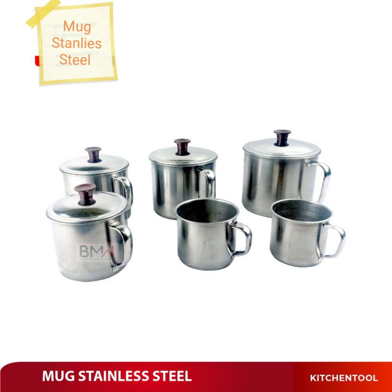 Mug Gelas Cangkir Teh Kopi Gagang Tutup Stanlies Steel