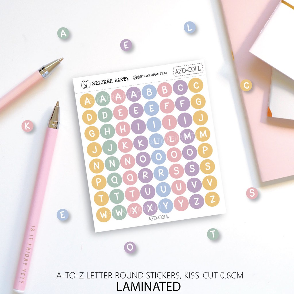 [Sticker Party]  Sticker Alphabet Huruf Abjad Angka Minggu Bulanan Dot 0,8CM Warna Candy-A-Z (Laminated)