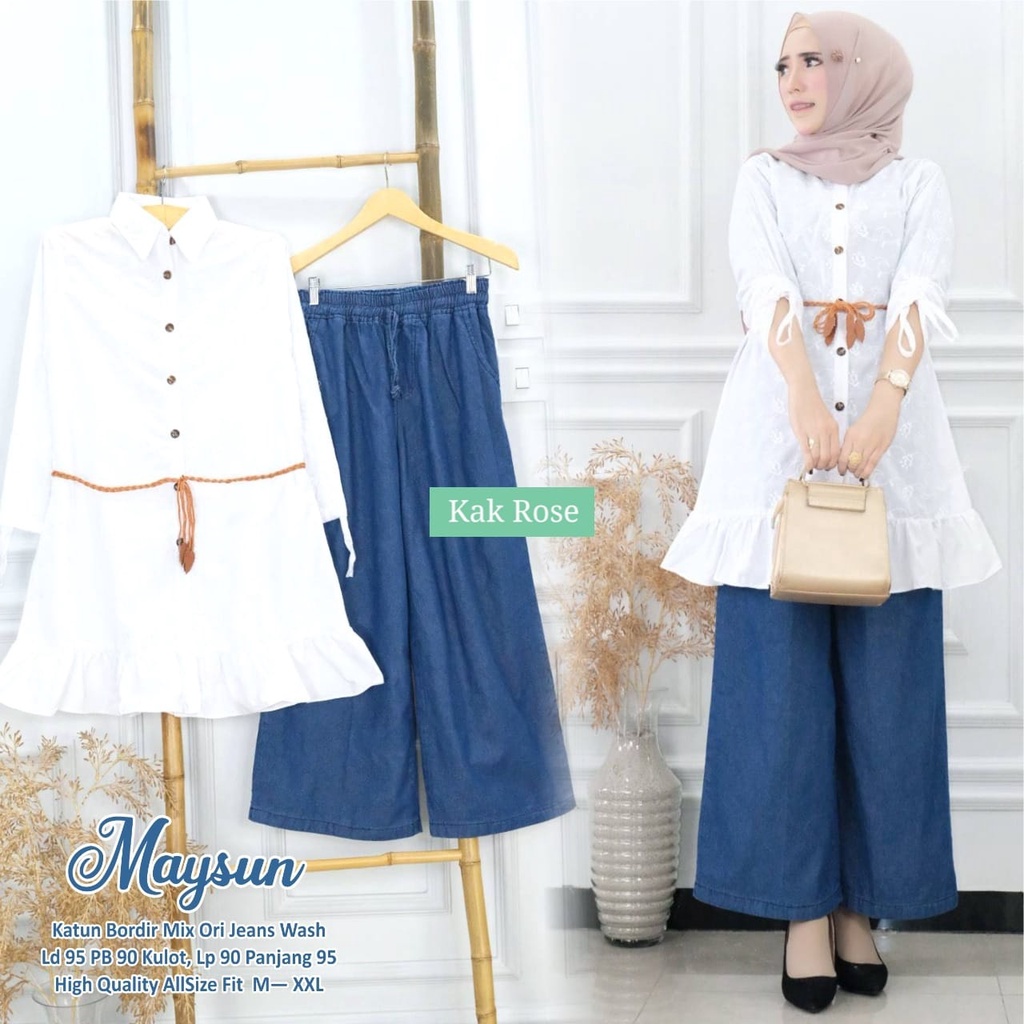 Maysun Setelan Kekinian Cewek Atasan Blus Putih Busui LD 95 cm Mix Celana Kulot Jeans Wash Pinggang 