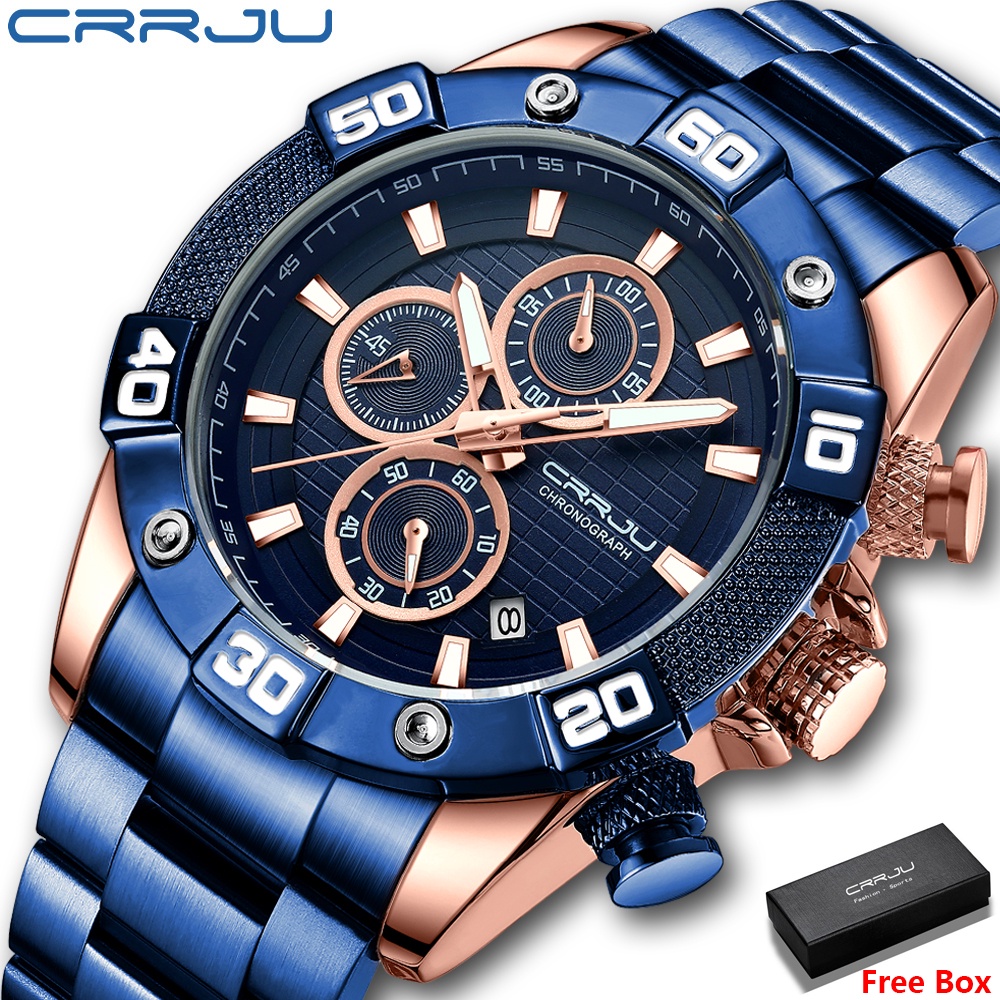 CRRJU Jam Tangan Pria Fashion Tahan Air Bercahaya Kuarsa Jam Tangan Stainless Steel Olahraga Chronograph Jam Multifungsi