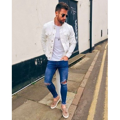 Jaket Jeans Denim PREMIUM Pria Warna Polos Putih Jacket Cowok Jeket Lelaki Jins Size Ukuran M L XL