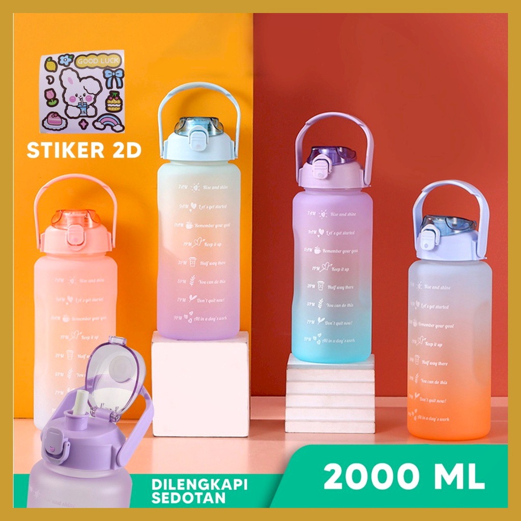 Botol Minum Viral 2 Liter Botol Minum Motivasi Penanda Waktu Botol Minum Gradiasi Warna Pastel Free Stiker 2D GOSHOP88