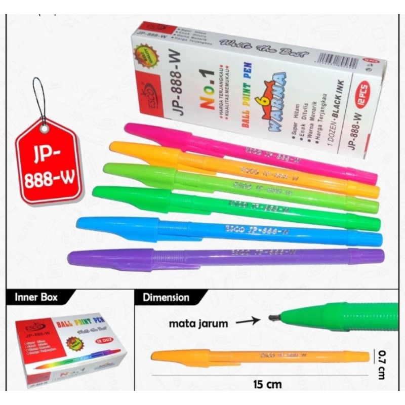 1 Pak Ballpoint Tinta Hitam Pulpen Esco JP-888-W Ballpoint Warna