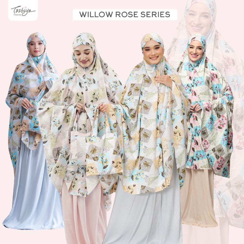 Mukena Tazbiya Willow Rose Pink Grey Jumbo Dewasa Katun Rayon Adem Motif Cantik Treveling