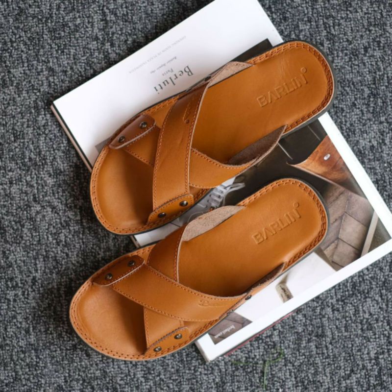 BRLN 003 Tan Sandal Casual Pria Full Kulit Asli Sendal Selop Santai Murah