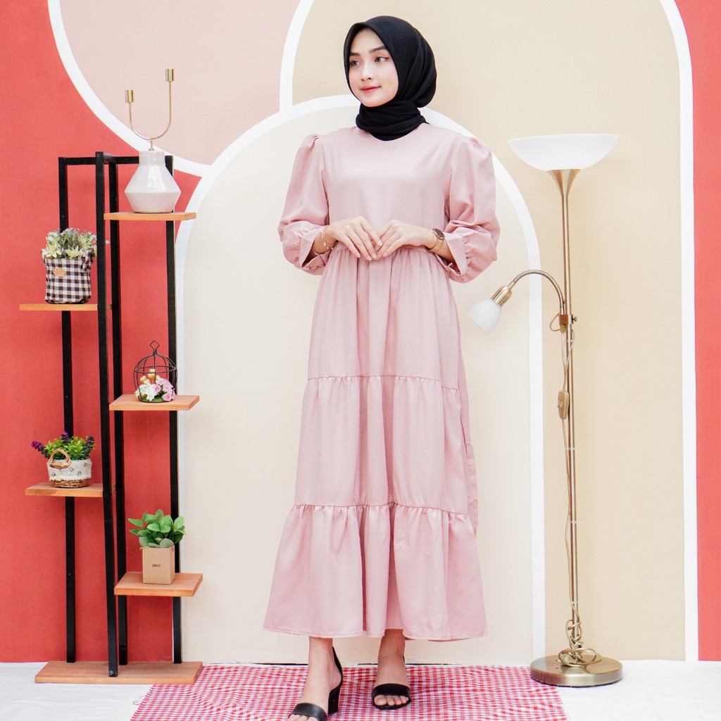 [ COD ] Andien Dress S M L XL | Fashion Muslim Tangan Balon Rok Rempel | Casual Daily Kondangan OOTD