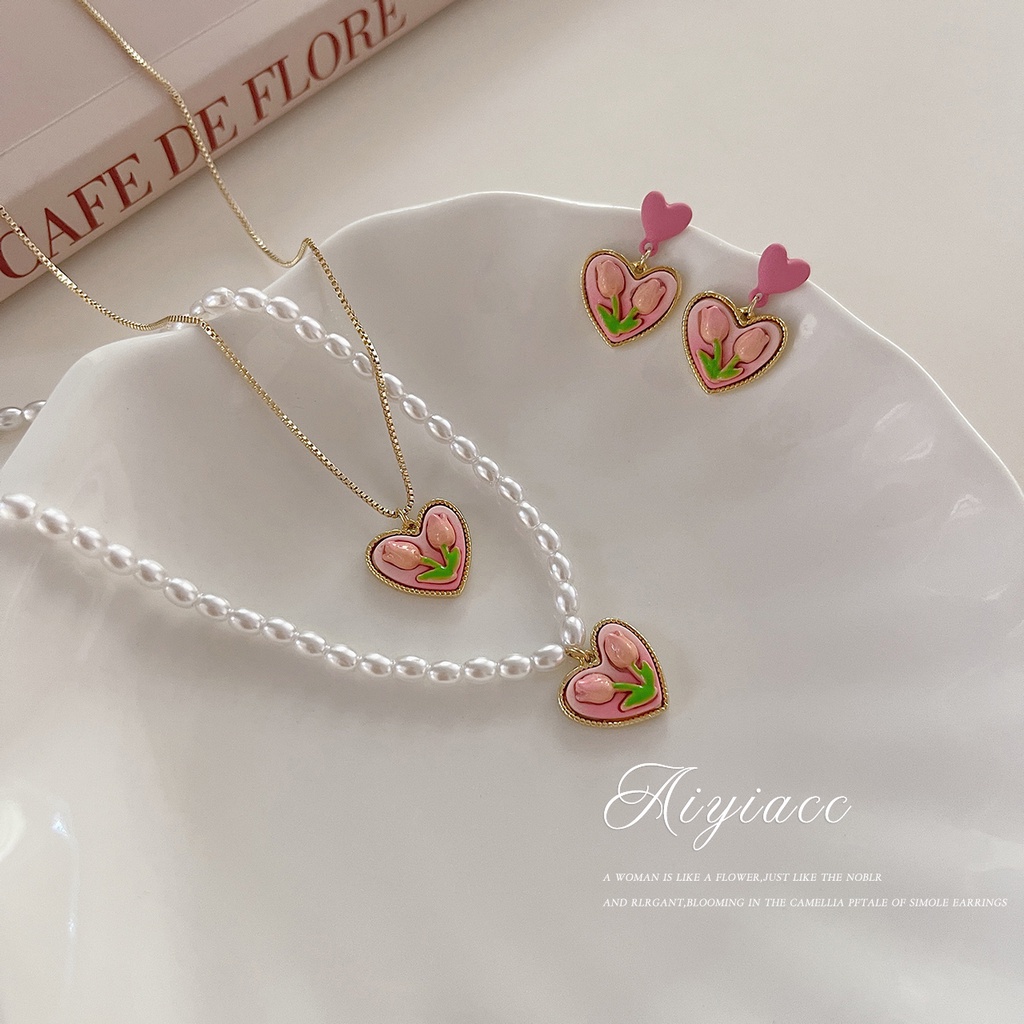 AY(CN) Kalung Rantai Choker Liontin Hati Tulip Pink Hias Mutiara Untuk Wanita