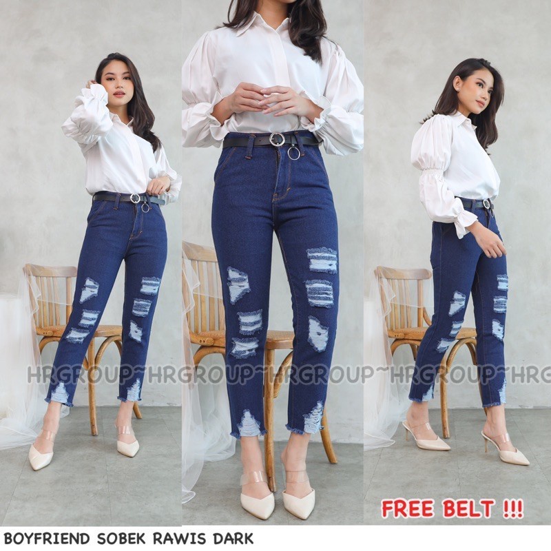 FREE BELT!! Boyfriend Jeans Cewek Sobek Lapis Rawis Dark blue &amp; Light blue