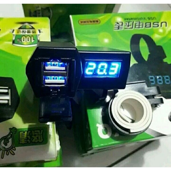 Dijual charger hp motor Dual USB plus voltmeter Murah