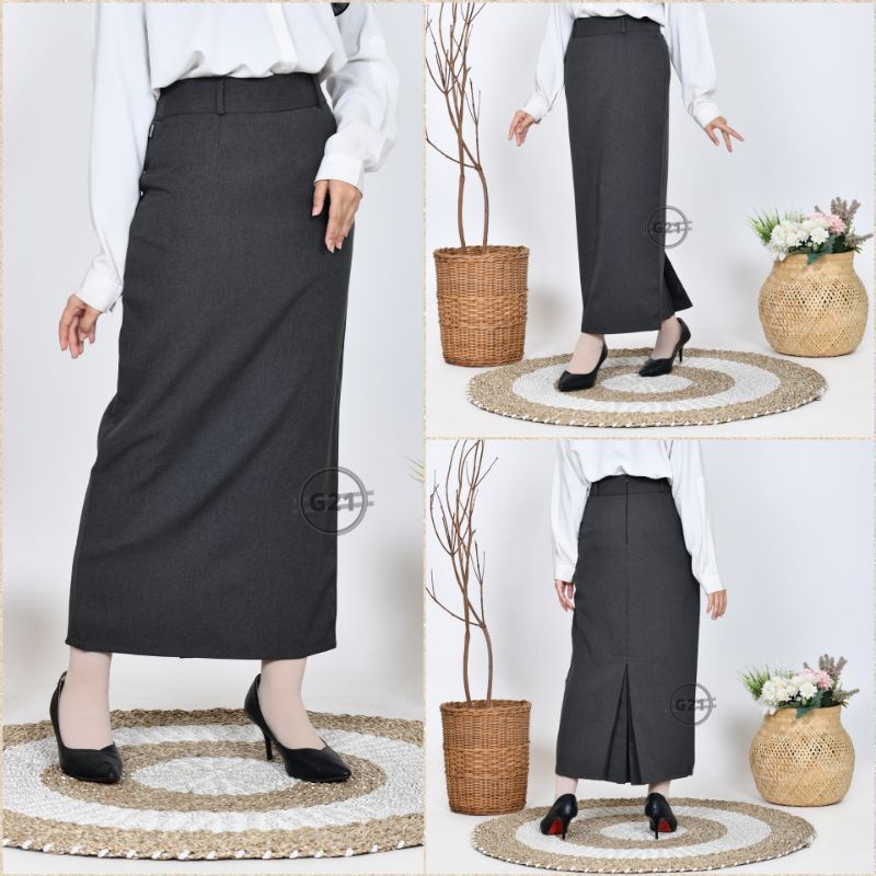 Rok Kerja Kantor Hitam Panjang Span Wanita Bahan Dasar Formal Ukuran Standar dan Jumbo Rok Skirt Hitam Span Panjang Kantor Formal Wanita Model Biron Belah Belakang Tertutup 01-Abu Tua