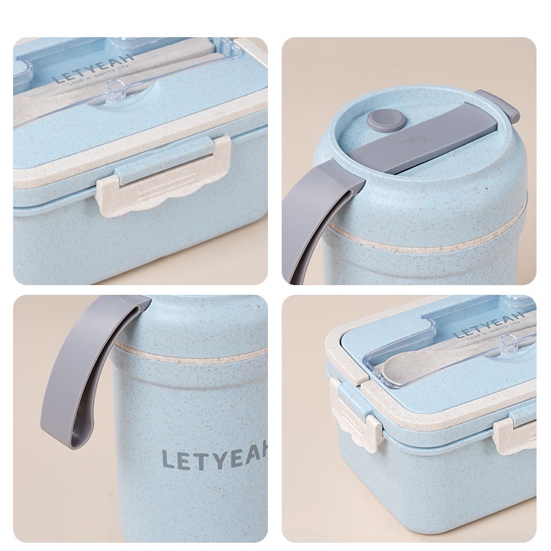 Letyeah &amp; Kaizenliving Lunch box set anti tumpah/ jerami gandum kotak makan set /lunch box tas set portable