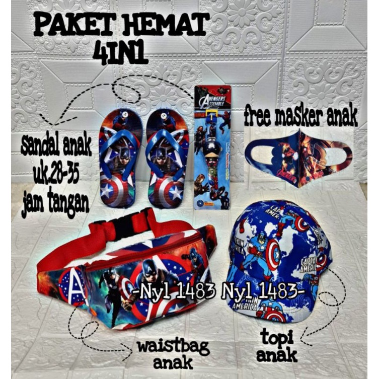 Paket Hemat 4in1 tas Waistbag anak laki-laki karakter superhero / free topi/ jam/ sandal