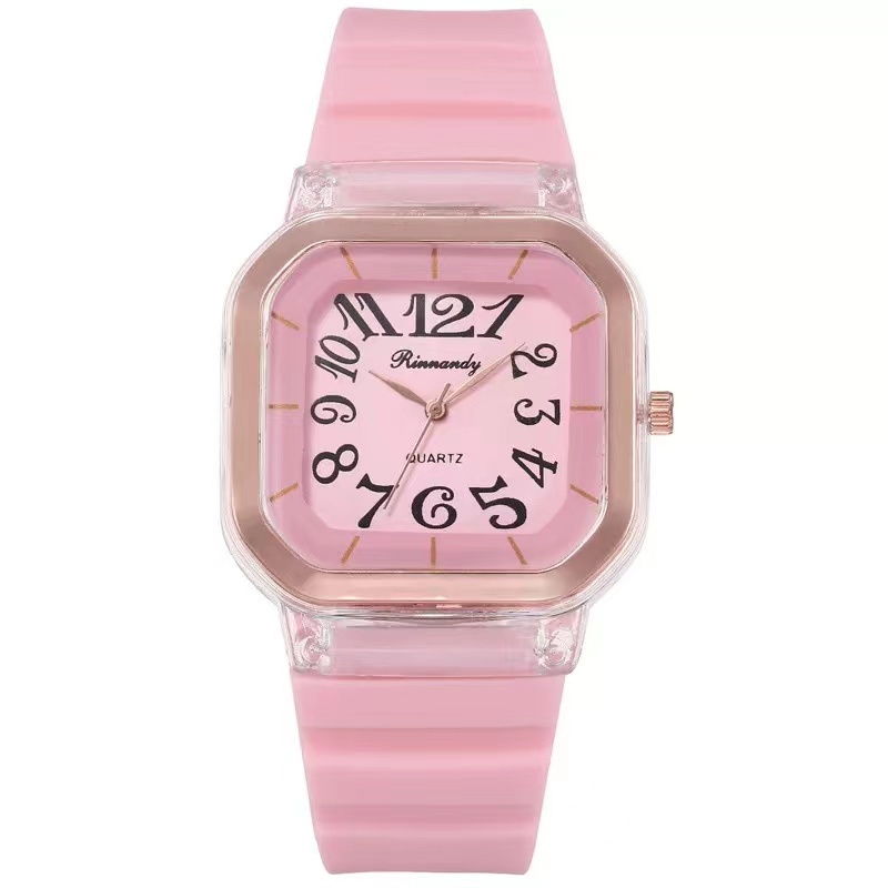 Jam Tangan Rubber Wanita Analog Quartz Angka Dial Kotak Import-55-4 #6 Pink