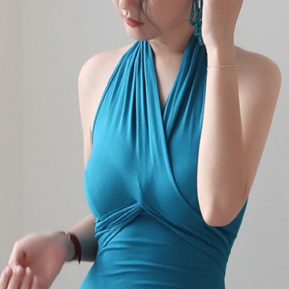 Red Baru Perancis retro gaun elegan halter leher dicukur bahu terbuka kembali tas pinggang pinggul rok mid-length tipis