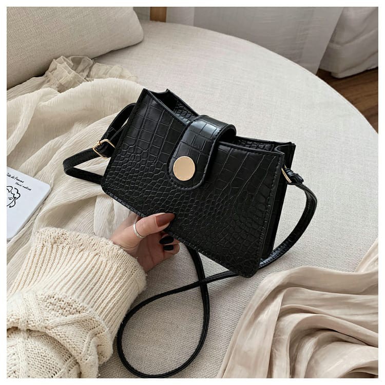 TAS SELEMPANG ZERZA TA125B5 KECIL IMPORT KULIT HITAM CROCO MURAH BRANDED FASHION KOREA WANITA BATAM