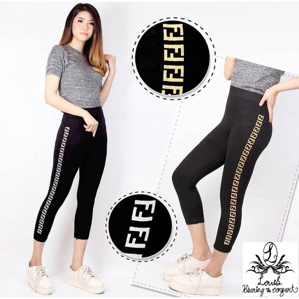  Celana  Legging  7 8 Cewek Wanita Sablon List Fendi  Silver 