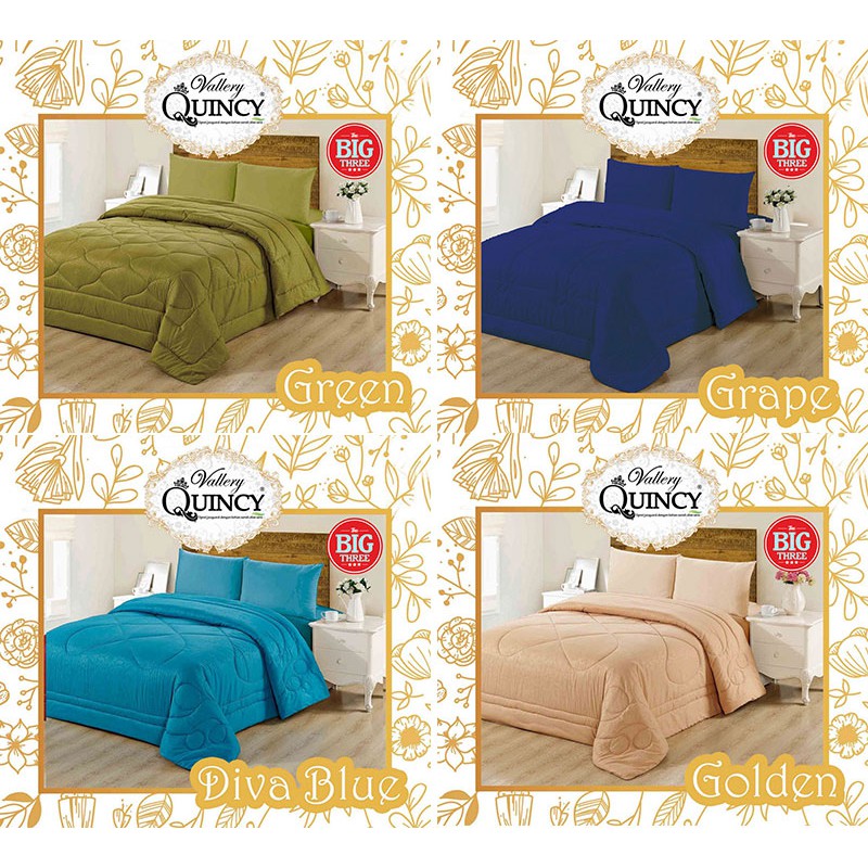 Set Bedcover + Sprei 120x200 QUINCY VALLERY  Tinggi 30 Polos Dan Motif Caroline Carara Putih Espresso Evelyn Grey Pink Aquatic Karen Gemma Hugo - BC 120 Single