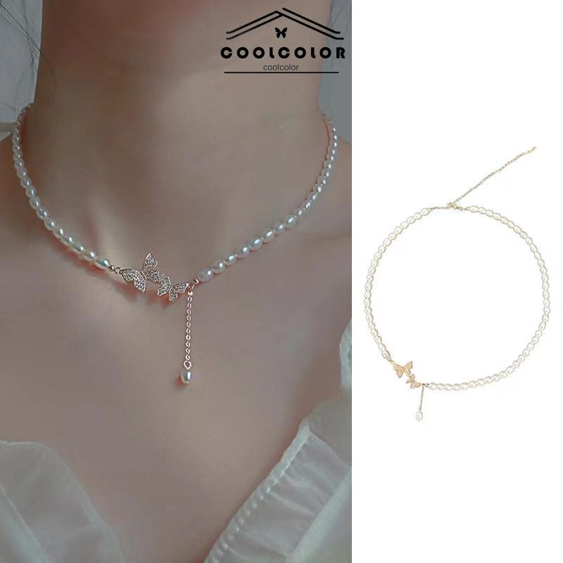 COD❤️Kalung kupu-kupu Zircon Pearl Pendant Fashion Temperamen Cahaya Mewah Ringan Murah Aksesoris Wanita Fashion