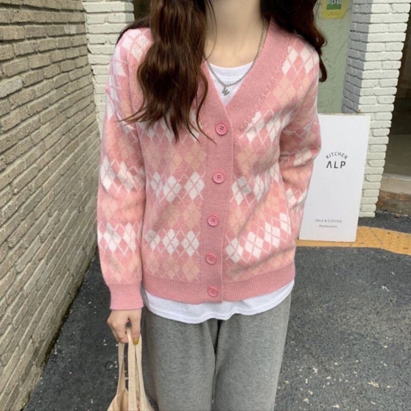 Realpict ! Argyle sweater Premium Cardigan Kancing Model korean
