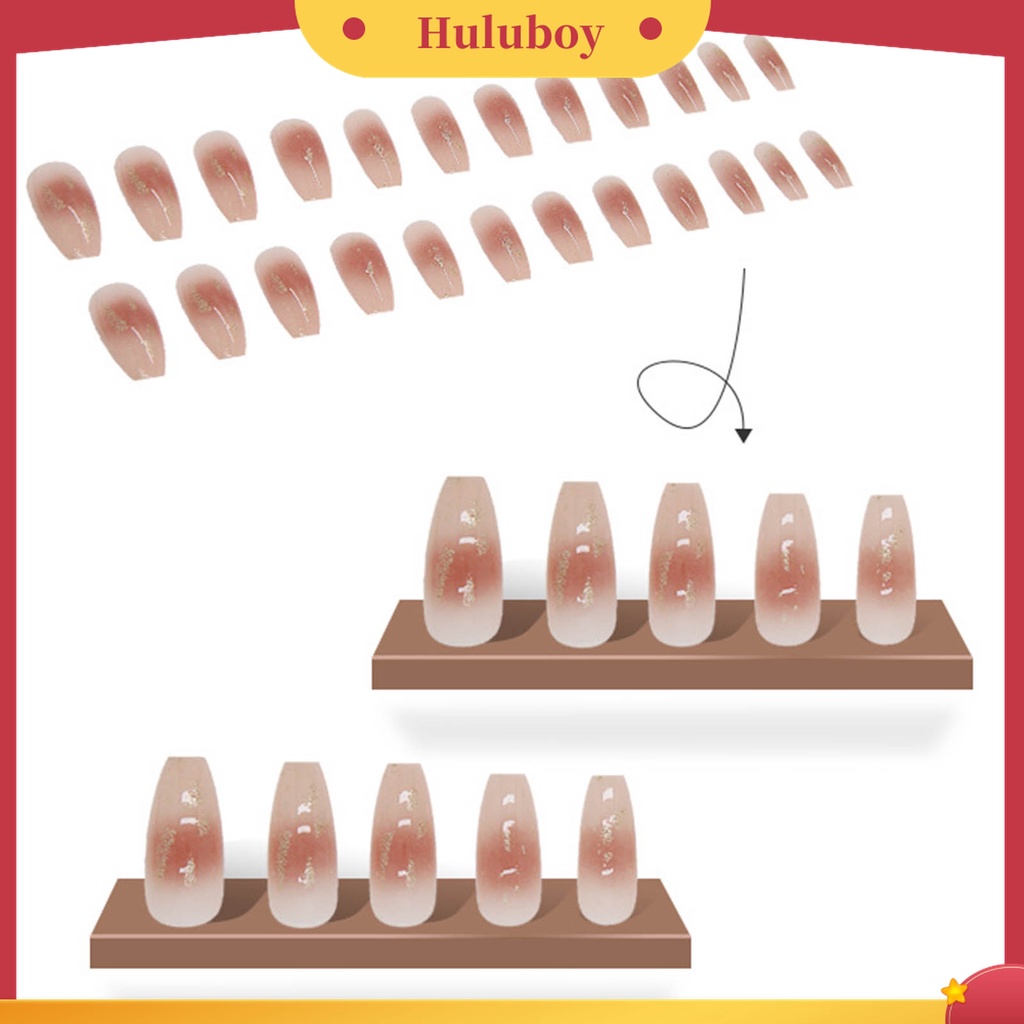 Huluboy Huluboy♡ 24pcs / Box Kuku Palsu Warna Caramel Gradasi Bahan ABS Untuk Nail Art