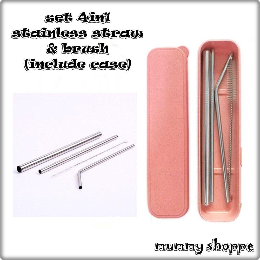 set 4in1 stainless straw + brush with case / sedotan stainless dan sikat sedotan