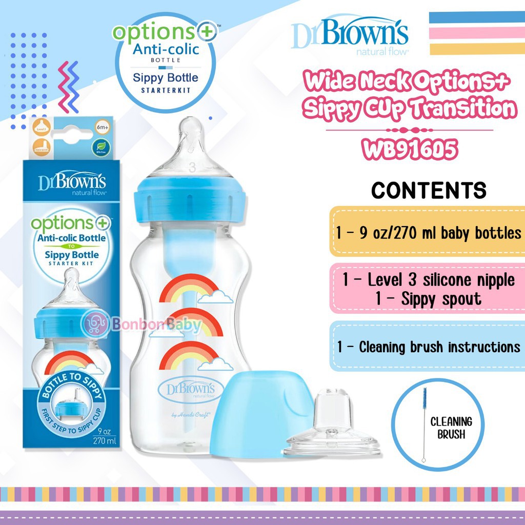 Dr Brown PP 2in1 Transition Bottle Options plus Wide Neck + Sippy Spout 270ml (Ready Pilihan Warna)