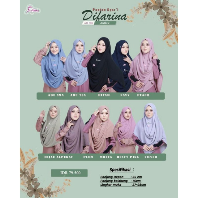 Moslem Ori Hijab Jilbab Kerudung Pashmina Instan Difarina Syari By Abika (Ready Please Cekstok)