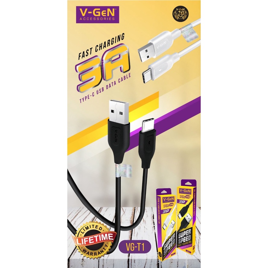 Kabel Data Type C V-GeN VG-T1 Fast Charging QC3 3A Type-C VGEN 1 Meter