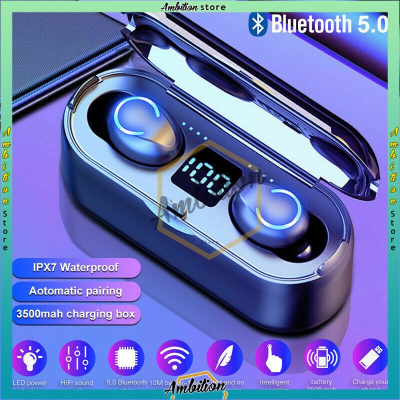 𝐎𝐑𝐈𝐆𝐈𝐍𝐀𝐋 ! 9D With 3000 mAh Powerbank TWS F9 Wireless Earphone Headset Bluetooth 5.0 Dengan Mikrofon HIFI Stereo