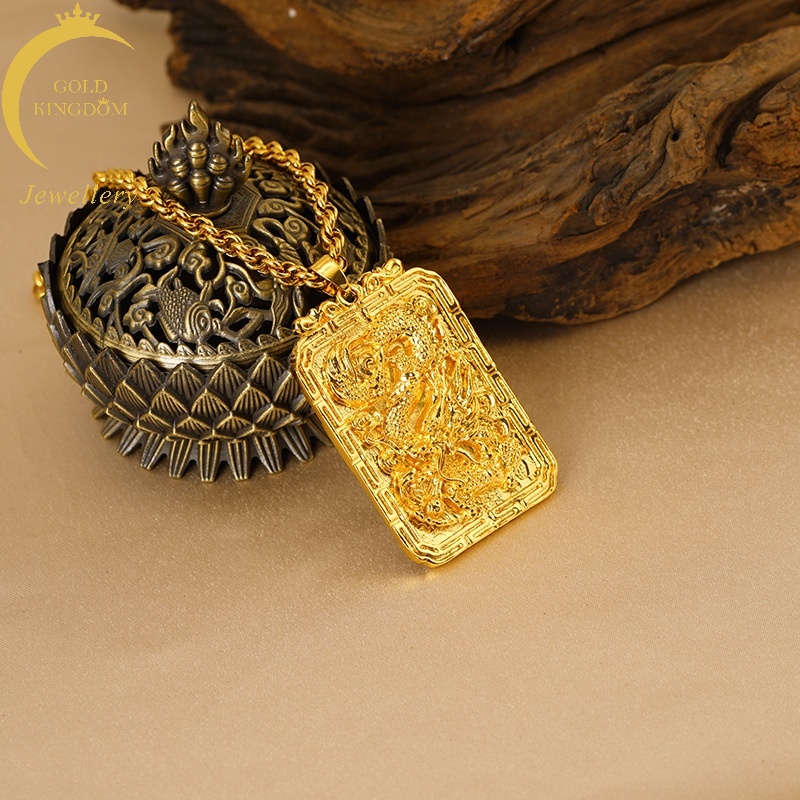 Kalung Liontin Naga Api Bentuk Persegi Lapis Emas Asli Kadar 375 Gaya Minimalis Untuk Pria