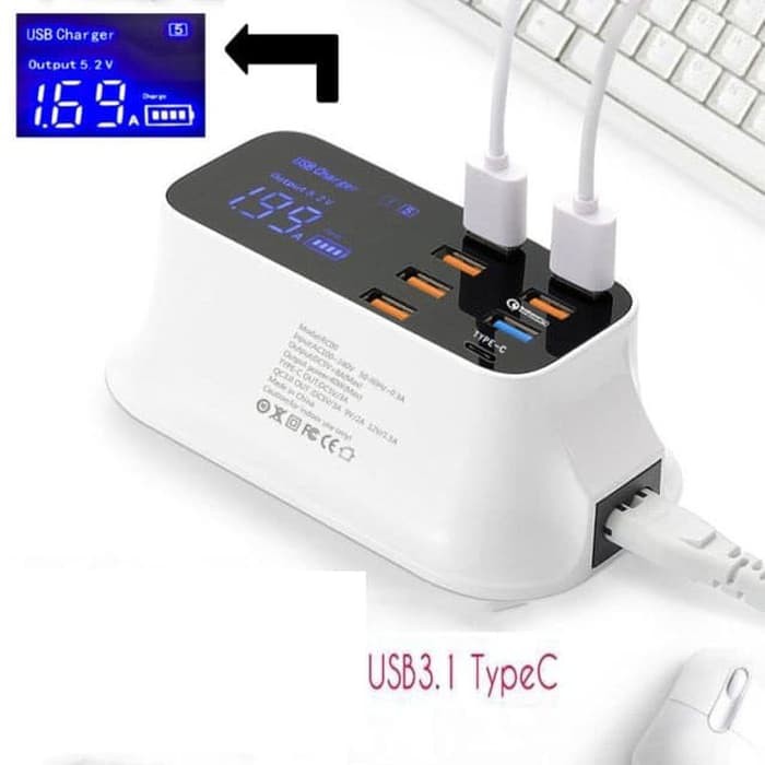 8 Port charger USB Fast Charging Smart Led Display with 1 port usb Type C