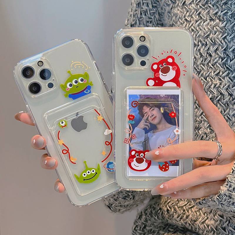 Cartoon Straberry Bear Card Bag Soft Case iPhone 6 6S 7 8 + Plus X XR XS Max 11 12 Pro Max SE 2020 Clear Casing Xiaomi Redmi 9A 9C 9T Note 8 Pro