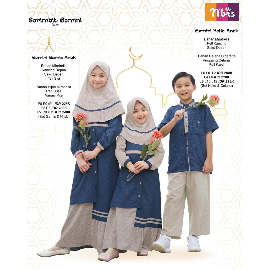 NIBRAS SARIMBIT GEMINI NAVY BAHAN MIRABELLA BAJU SERAGAM LEBARAN KELUARGA MUSLIMAH