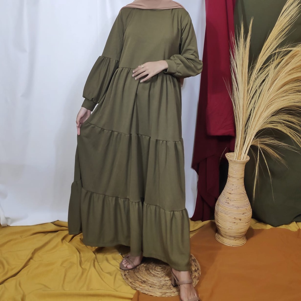 Gamis Wanita Lengan Panjang Fashion Muslim Devi Fit  L-XL Lingkar Dada 100cm Panjang 130cm-DEVI OliveTua