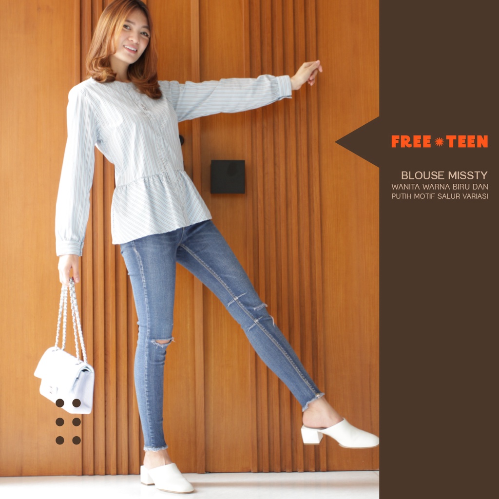 Blouse Missty Wanita Warna Biru dan Putih Motif Salur Variasi (Kalmia 148)