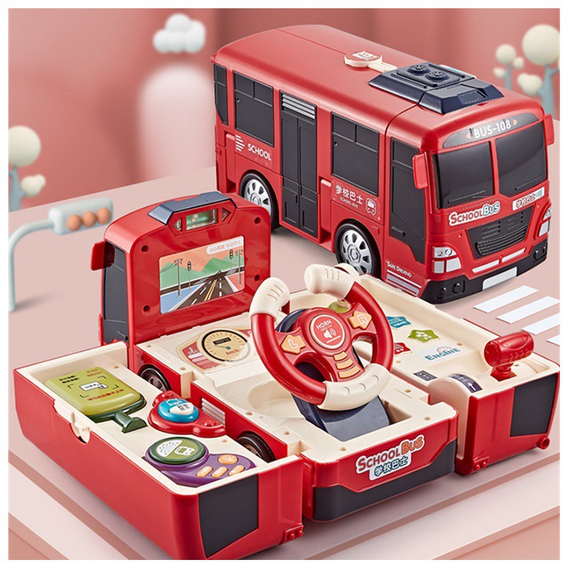 MAINAN ANAK TRANSFORMER BUS SETIR PARKING LOT SIMULATOR MOBIL UNIK MUSIK LED LAMPU - STIR PRETEND PL