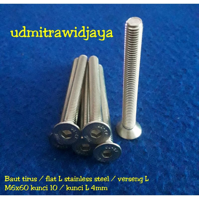 Baut flat L baut verseng baut tirus stainless steel panjang 6cm M6x60 baut speaker panjang SS