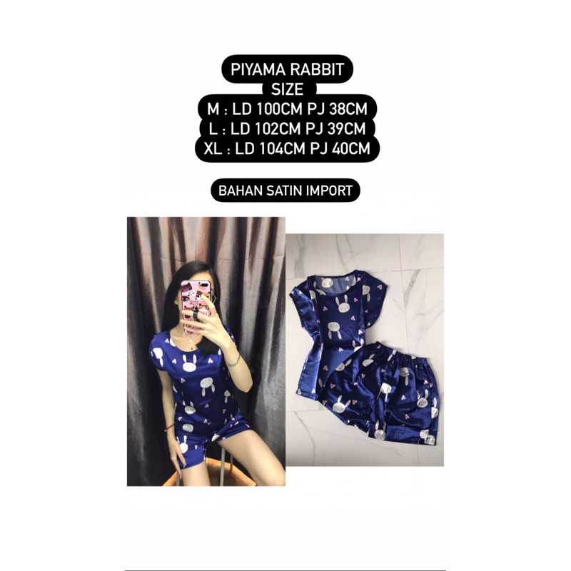 piyama/pajamas satin rabbit navy.homewear/sleepwear/bajutidur cwe satin rabbit biru kekinianmurah