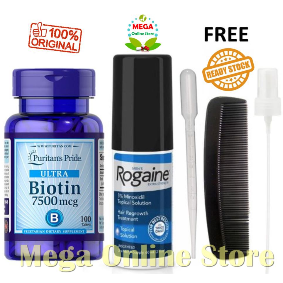 Paket Rogaine Men Minoxidil 60 ml + Puritan Biotin 7500 mcg 100 Tablet