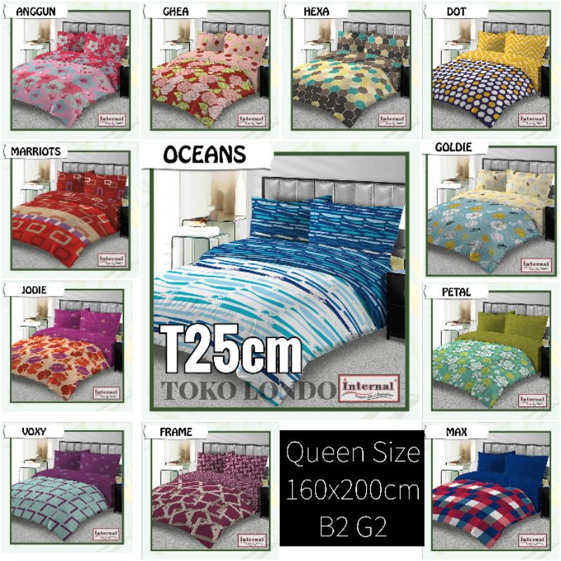 Sprei INTERNAL QUEEN Size uk 160x200 x T25 Tinggi 25 cm bahan 100% FULL KATUN MURAH Ariel Ocean Goldie Rafa Ocean Pablo Ronan Julian Voxy