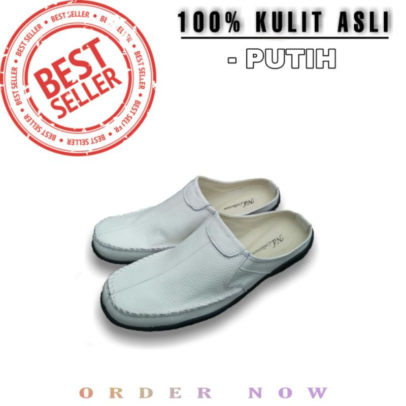 Sepatu sandal slop bustong slip on pria kulit sapi asli berkualitas ND_ white