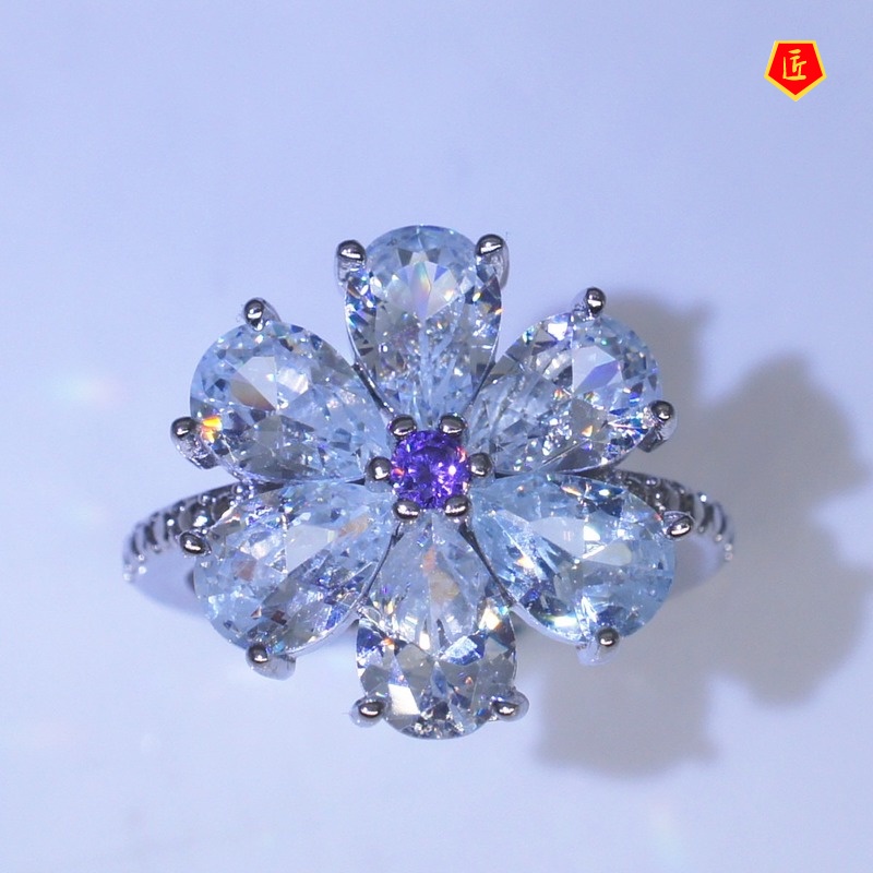 [Ready Stock]Inlaid Amethyst Snowflake Zircon Ring Fashion Luxury