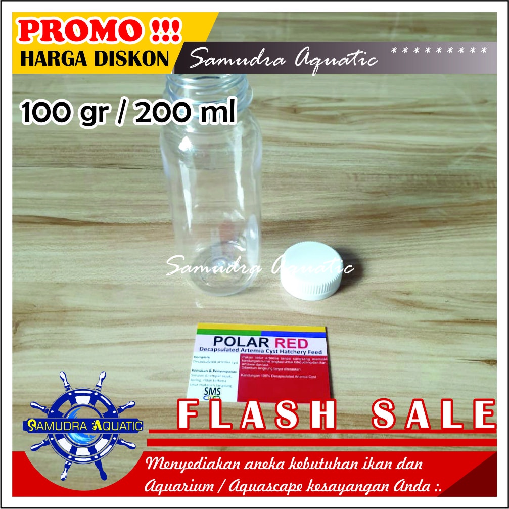 Botol Repack 100gr / 200 ml, Botol Plastik + Stiker 4x6 (Mem Prime, Artemia Supreme, Fish Owner, NRD, Polar Red, Spirulina, Baby Shrimp, Fengli, Snack Cupang, Sanders)