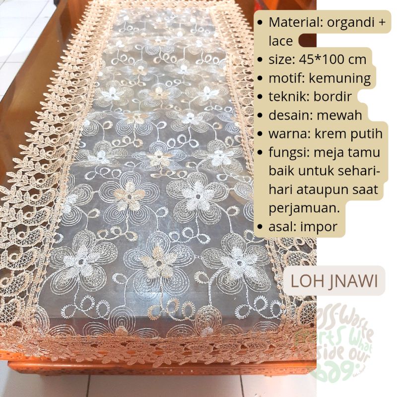 Taplak Meja Tamu Bordir Transparan Organdi 40x100 cm Mewah Premium Impor