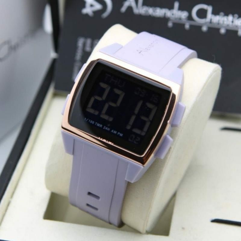 alexandre christie 9343 jam tangan wanita tampilan digital tali karet kotak lebar