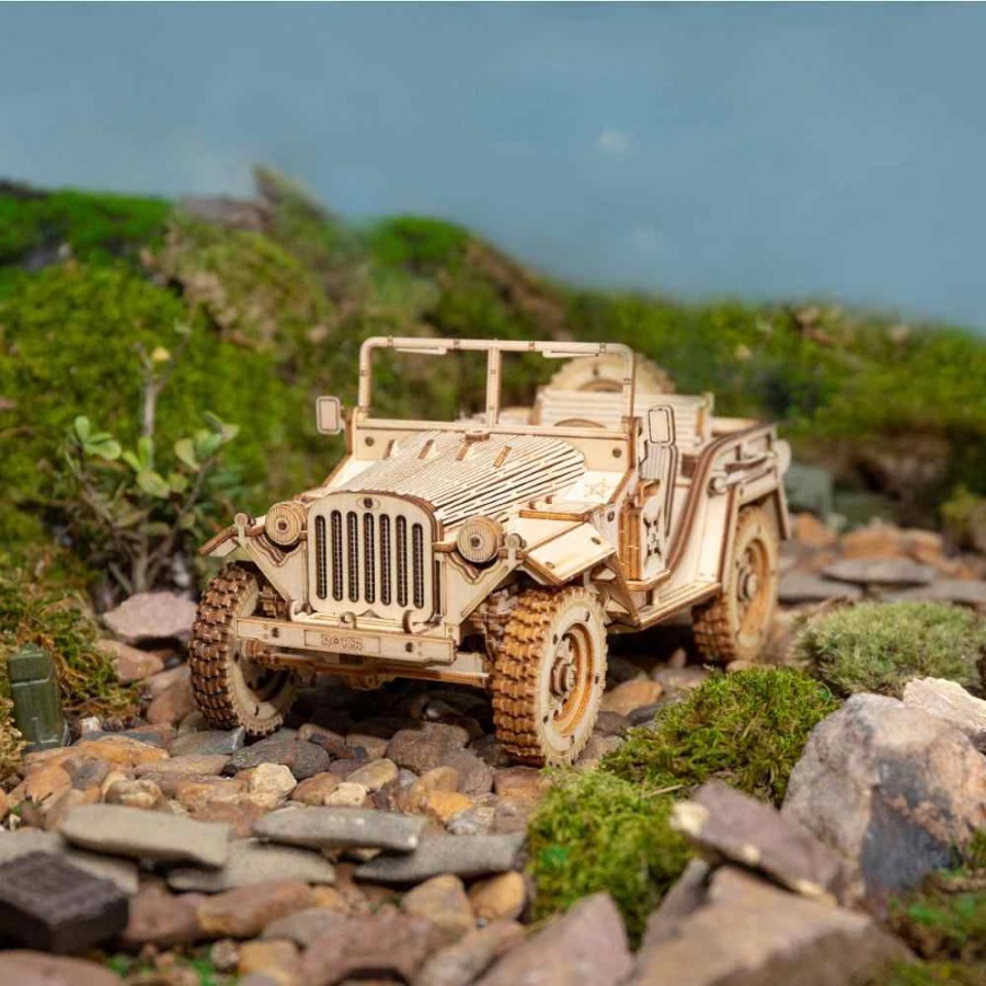 ROLIFE Robotime Army Field Car MC701 1:18 Scale Jeep Model Wooden Puzzle Hobby Toy Collection